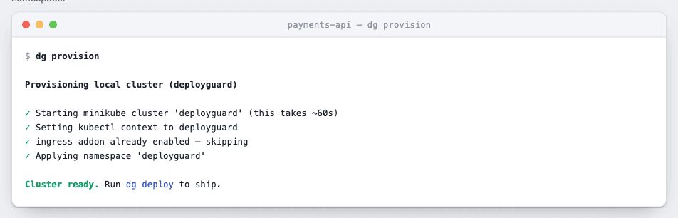 dg provision — brings up minikube or k3s on EC2 Spot, idempotent either way.